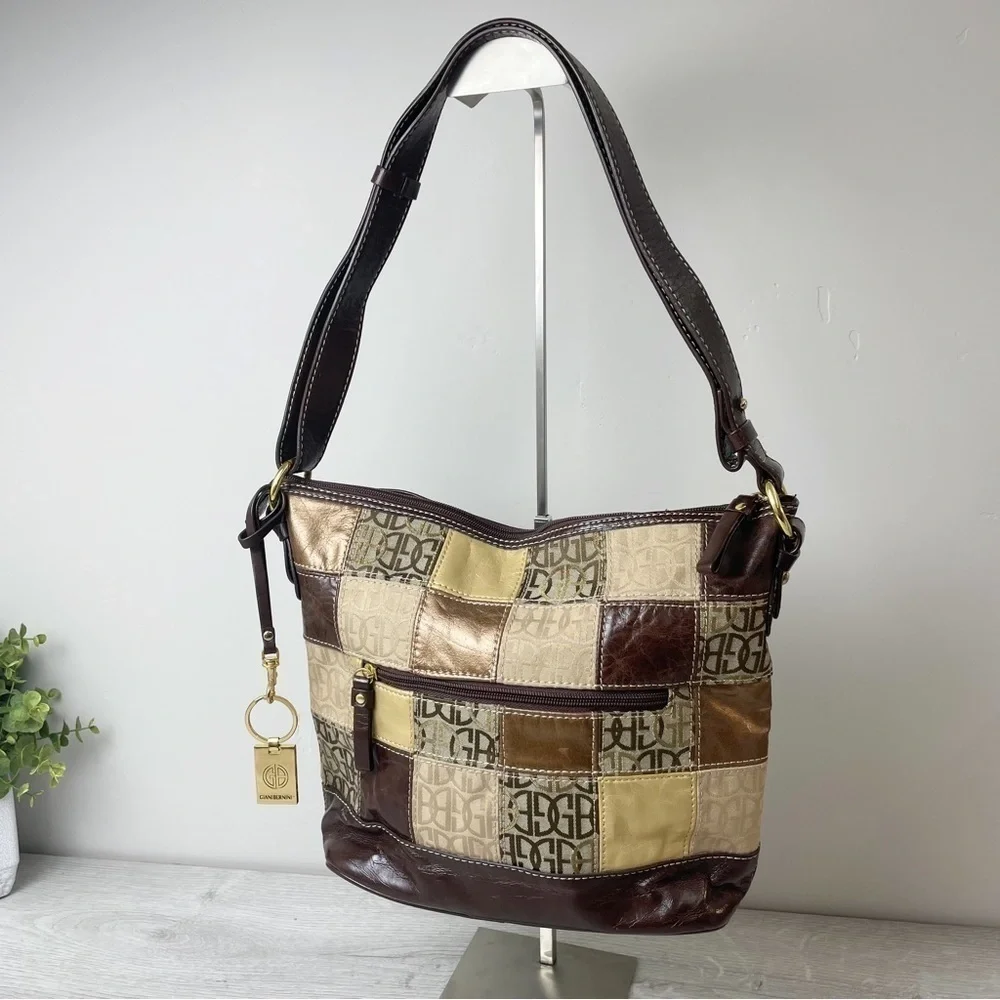 VINTAGE Giani Bernini Brown and Gold Patchwork Leather Hobo Shoulder bag